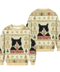 Alternative view of 2025 Funny Cat Smoking Marlboro Christmas Ugly Sweater 