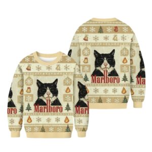 Alternative view of 2025 Funny Cat Smoking Marlboro Christmas Ugly Sweater - Grishko.com
