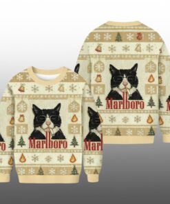 2025 Funny Cat Smoking Marlboro Christmas Ugly Sweater 
