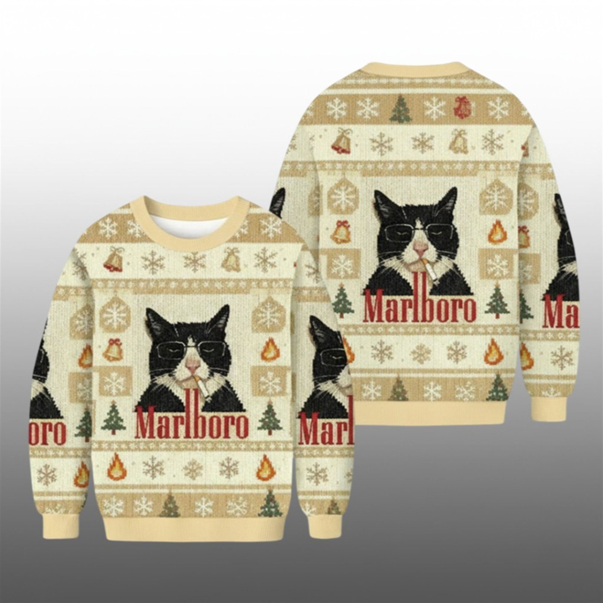 2025 Funny Cat Smoking Marlboro Christmas Ugly Sweater - Grishko.com