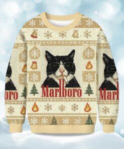 2025 Funny Cat Smoking Marlboro Christmas Ugly Sweater