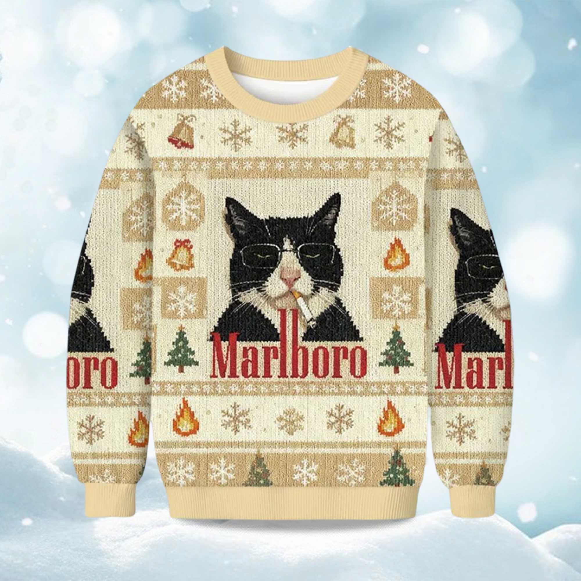 2025 Funny Cat Smoking Marlboro Christmas Ugly Sweater