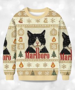 Alternative view of 2025 Funny Cat Smoking Marlboro Christmas Ugly Sweater