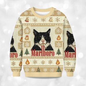 Alternative view of 2025 Funny Cat Smoking Marlboro Christmas Ugly Sweater
