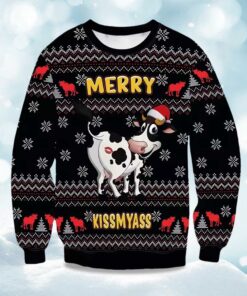 2025 Funny Cow Merry Kiss My Ass Ugly Christmas Sweater
