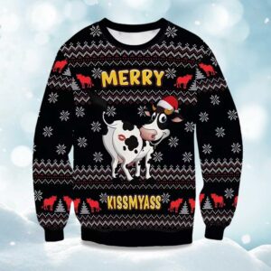 2025 Funny Cow Merry Kiss My Ass Ugly Christmas Sweater