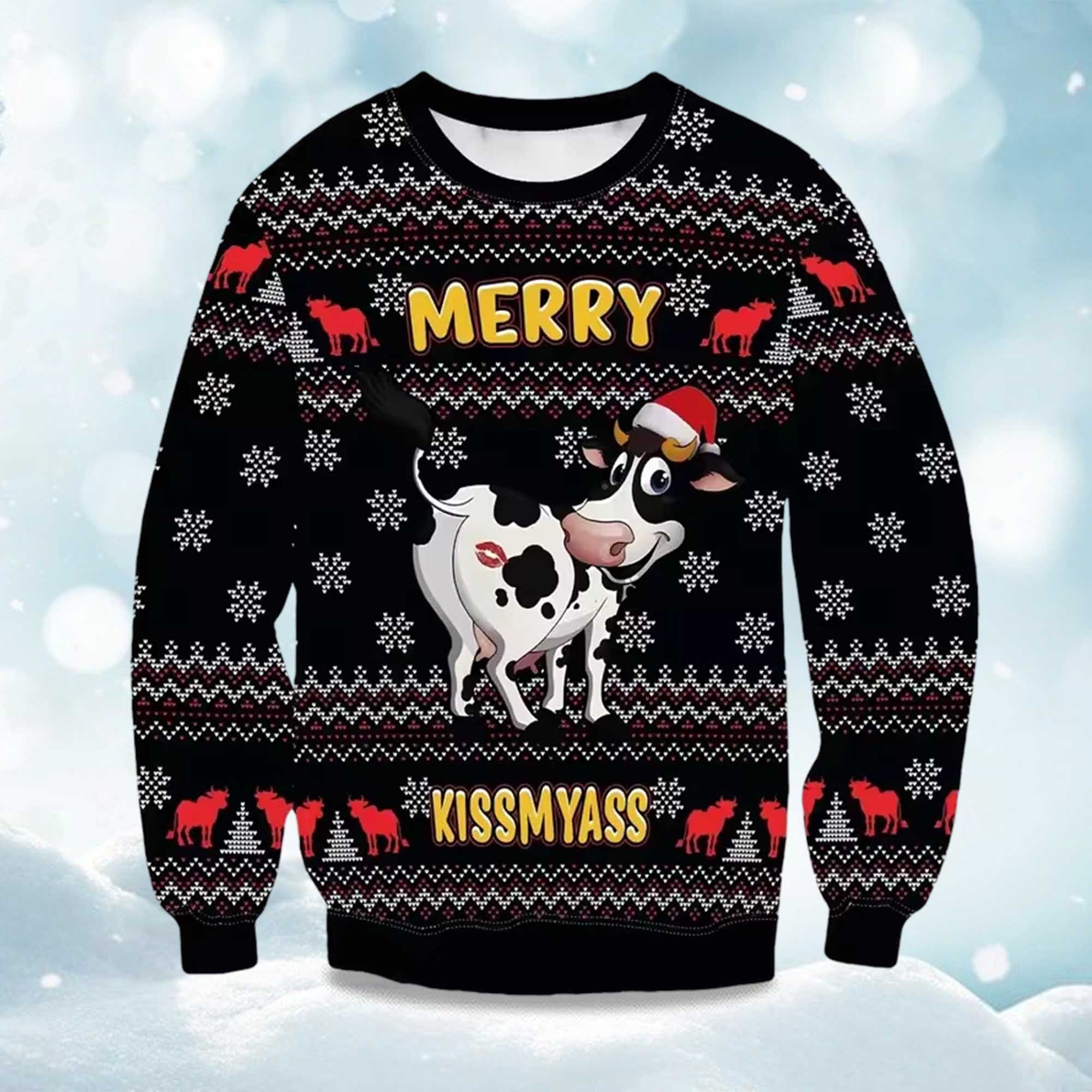 2025 Funny Cow Merry Kiss My Ass Ugly Christmas Sweater