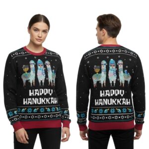 2025 Funny Llama Happy Hanukkah Christmas Ugly Sweater