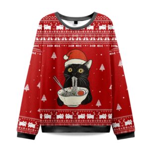 2025 Funny Taking a Cat to Eat Ramen Christmas Ugly Sweater
