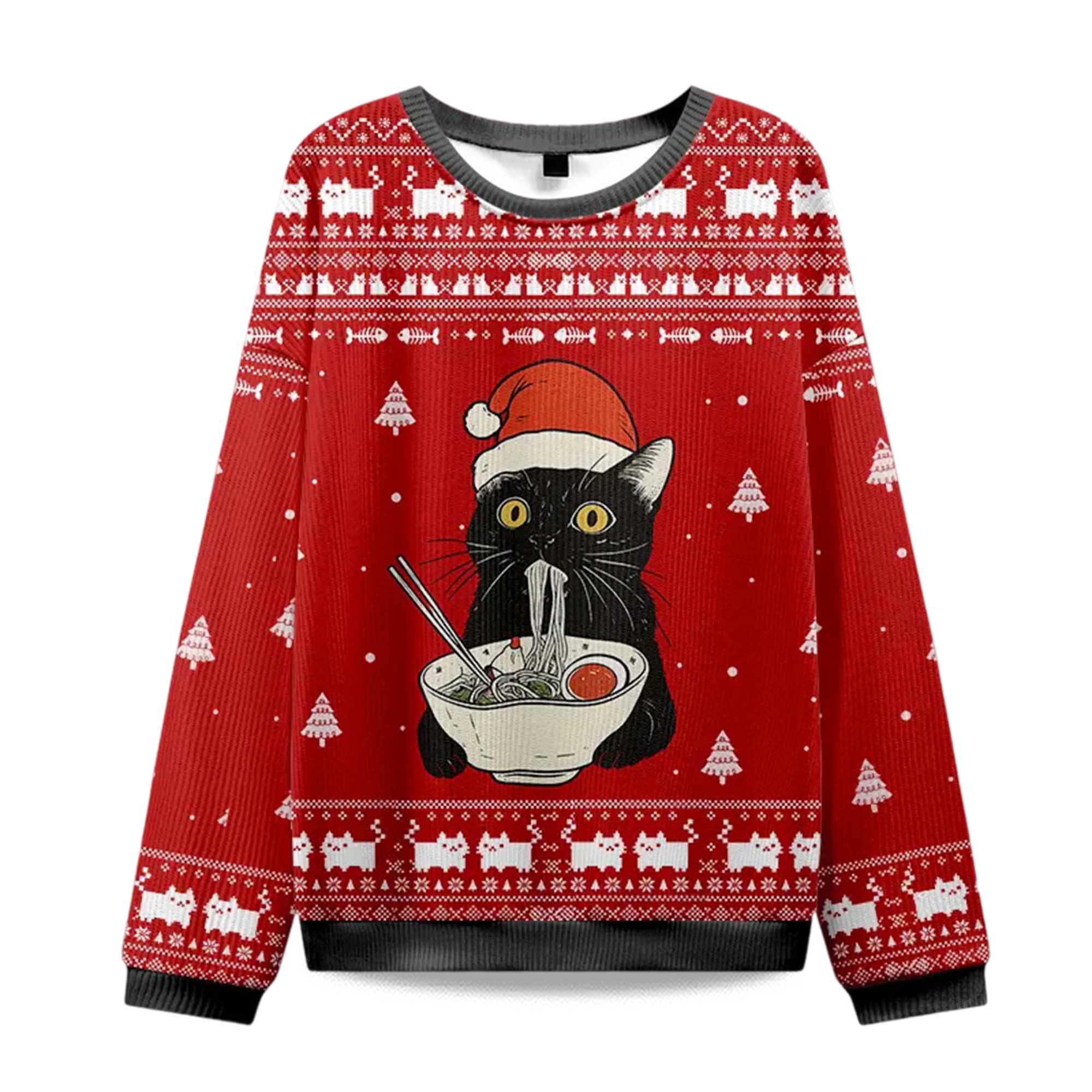 2025 Funny Taking a Cat to Eat Ramen Christmas Ugly Sweater