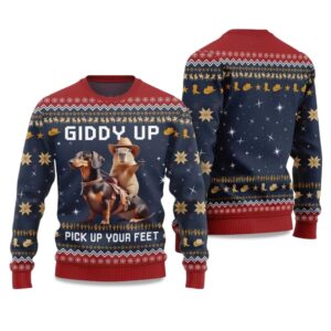 Alternative view of 2025 Giddy Up Pick Up Your Feet Dachshund Capybara Ugly Christmas Sweater