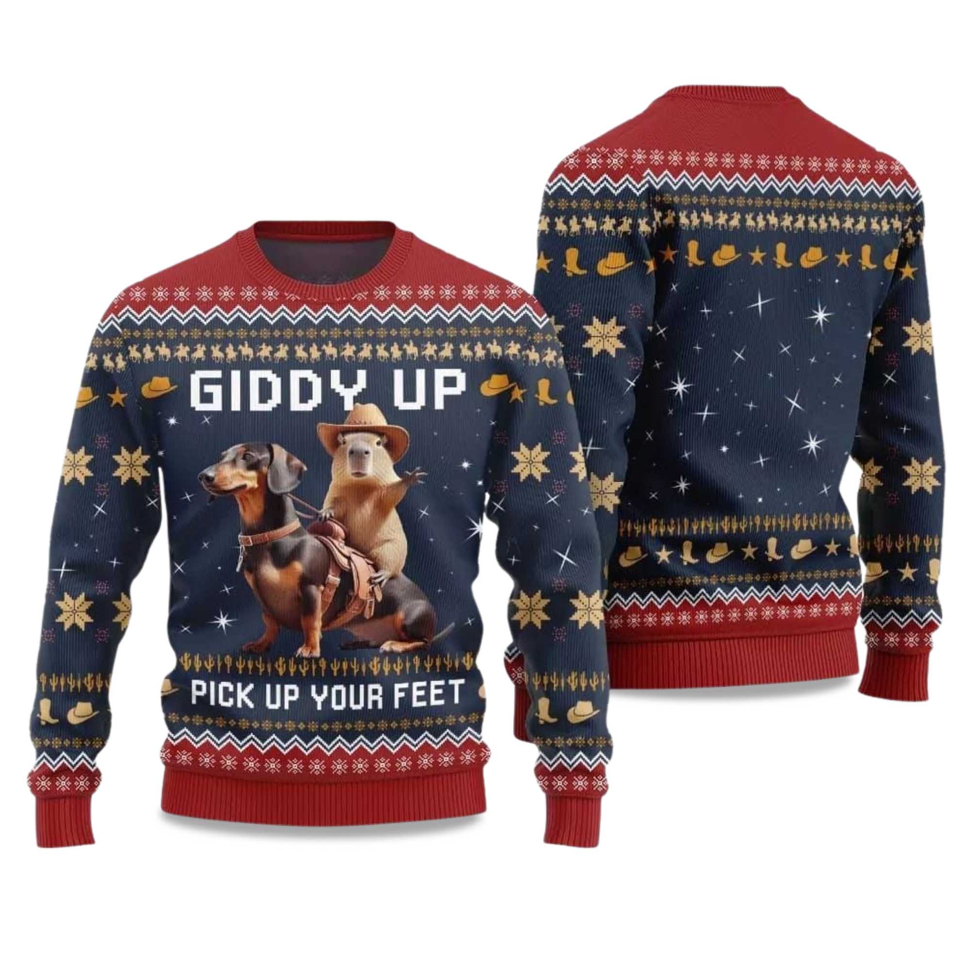 Alternative view of 2025 Giddy Up Pick Up Your Feet Dachshund Capybara Ugly Christmas Sweater