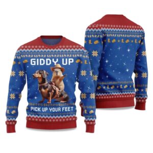 2025 Giddy Up Pick Up Your Feet Dachshund Capybara Ugly Christmas Sweater