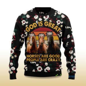Alternative view of 2025 God is Great Horses Are Good People Are Crazy Ugly Christmas Sweater