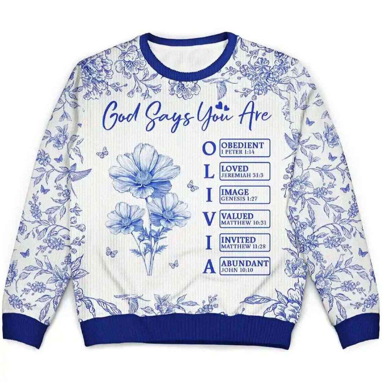 2025 God Says I Am Toile De Jouy Flower Personalized Ugly Christmas Sweater