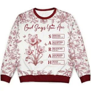 Alternative view of 2025 God Says I Am Toile De Jouy Flower Personalized Ugly Christmas Sweater