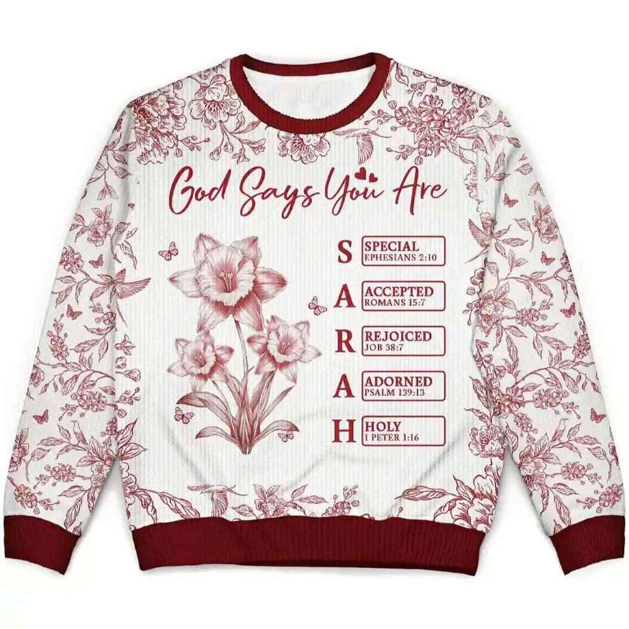 Alternative view of 2025 God Says I Am Toile De Jouy Flower Personalized Ugly Christmas Sweater