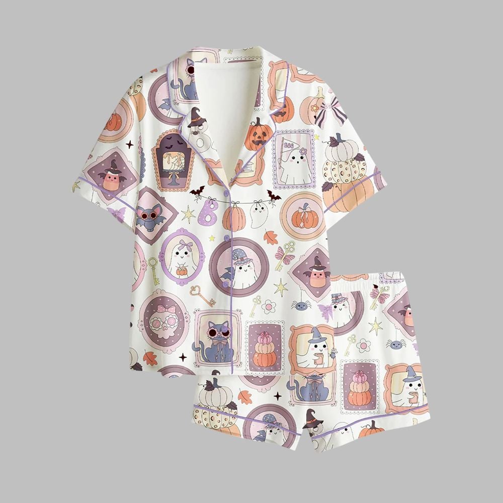 2025 Halloween Ghost Frames Pastel Cute Ghost Portraits Pajamas Set