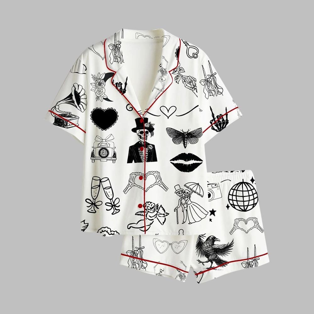 2025 Halloween Til Death Do We Party Tattoos Skeleton Wedding Tattoo Bridal Pajamas Set