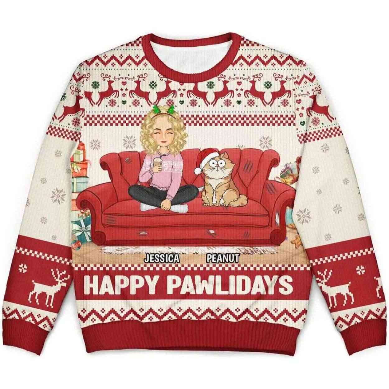 2025 Happy Pawlidays Cartoon Girl Personalized Ugly Christmas Sweater