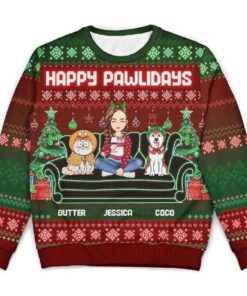2025 Happy Pawlidays Dogs Cats Neon Christmas Light Personalized Ugly Christmas Sweater