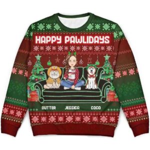 2025 Happy Pawlidays Dogs Cats Neon Christmas Light Personalized Ugly Christmas Sweater