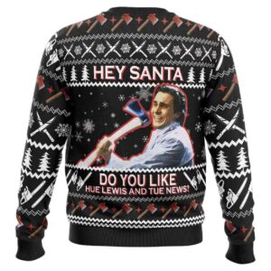 Alternative view of 2025 Hey Santa Do You Like Hue Lewis and Tue News American Psycho Ugly Christmas Sweater