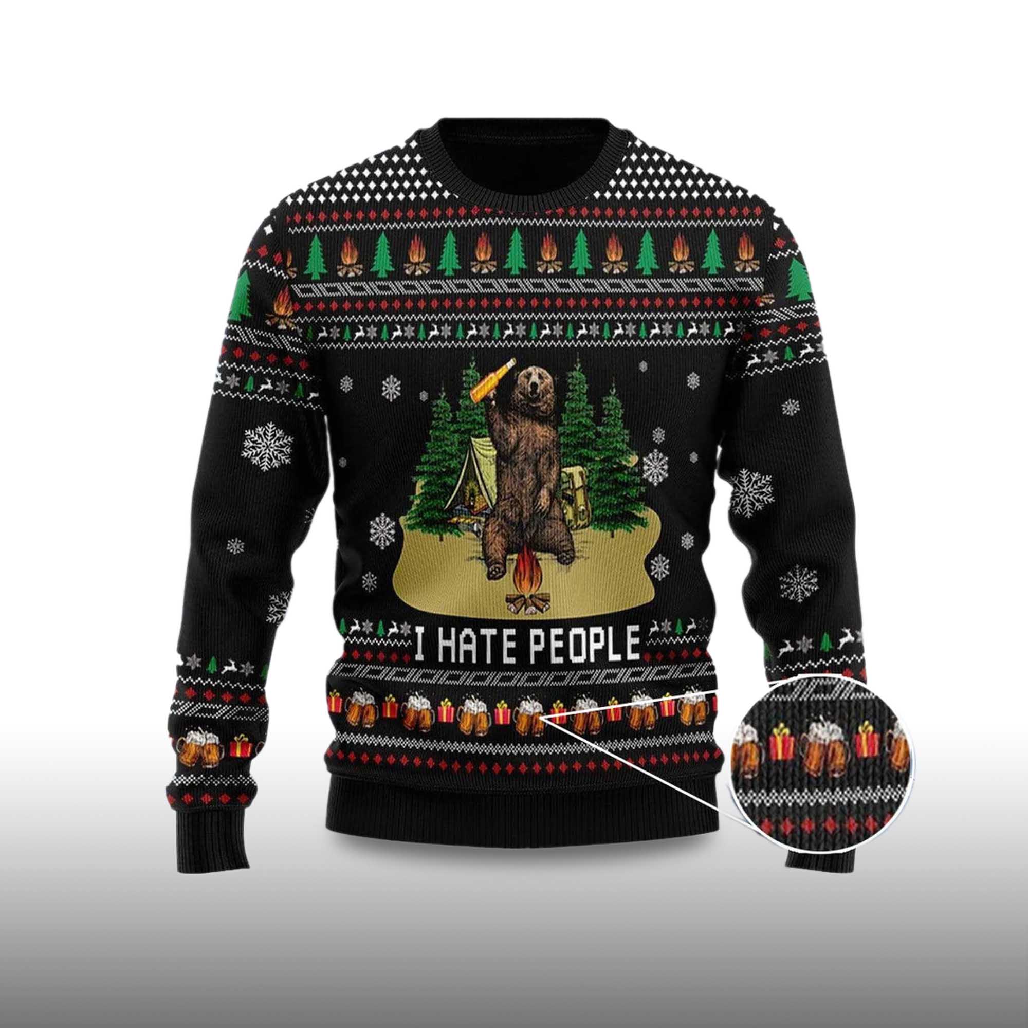 Alternative view of 2025 I Hate People Bear Drinking Beer Ugly Christmas Sweater