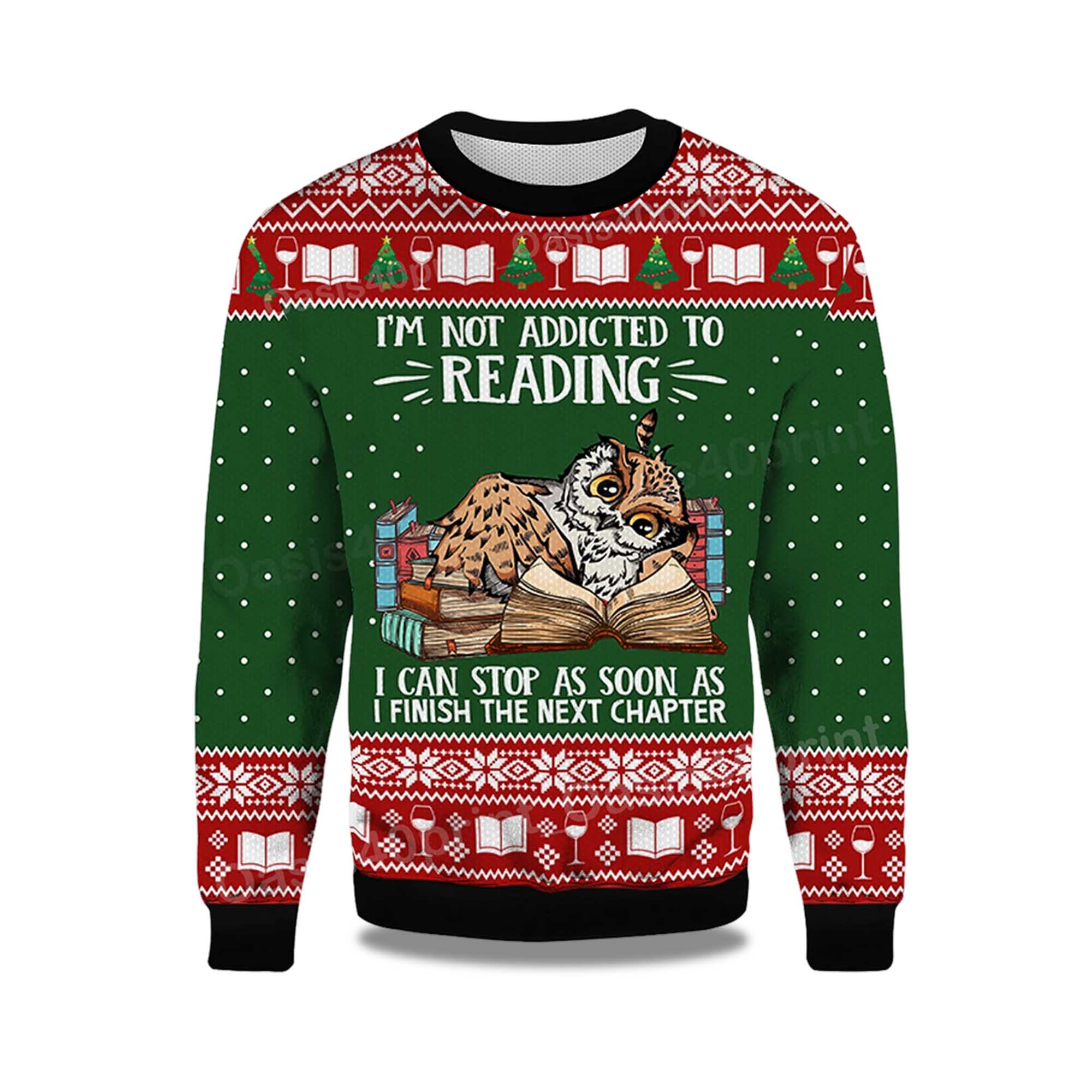 2025 I'm Not Addicted To Reading Owl Ugly Christmas Sweater