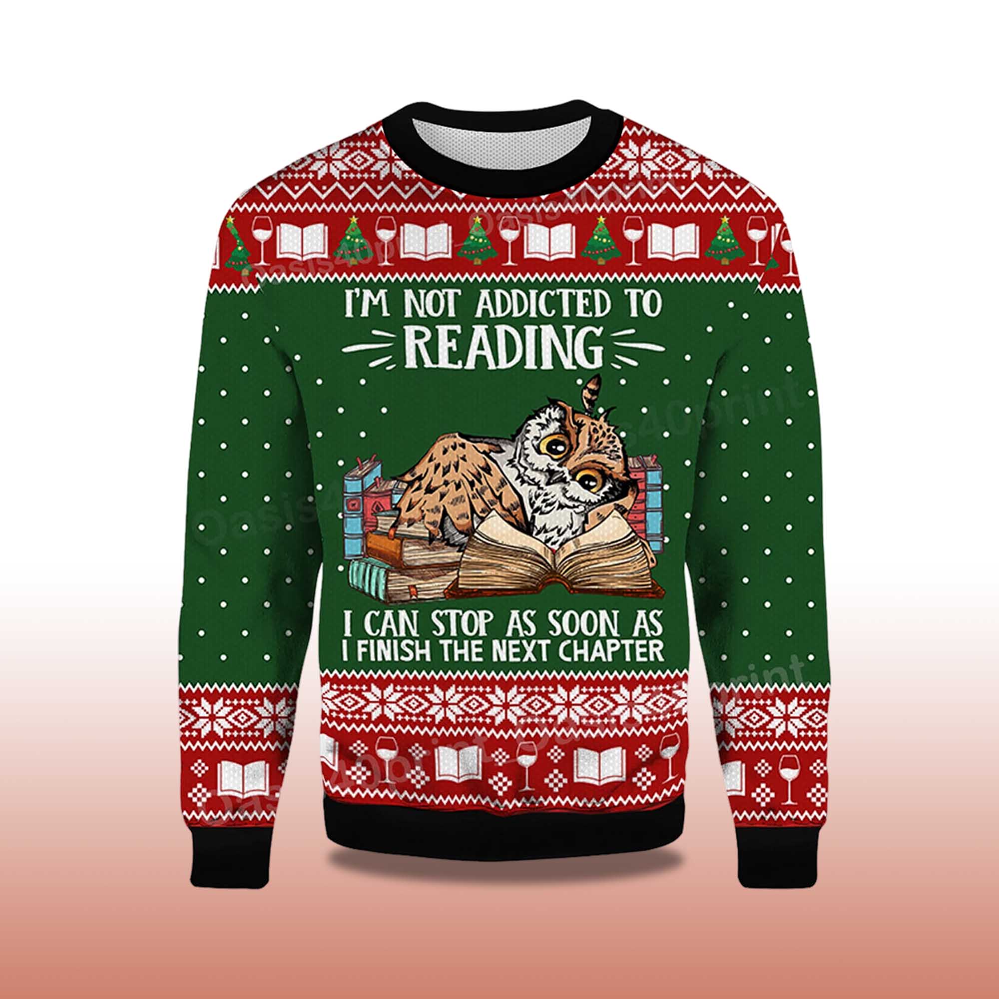 Alternative view of 2025 I'm Not Addicted To Reading Owl Ugly Christmas Sweater