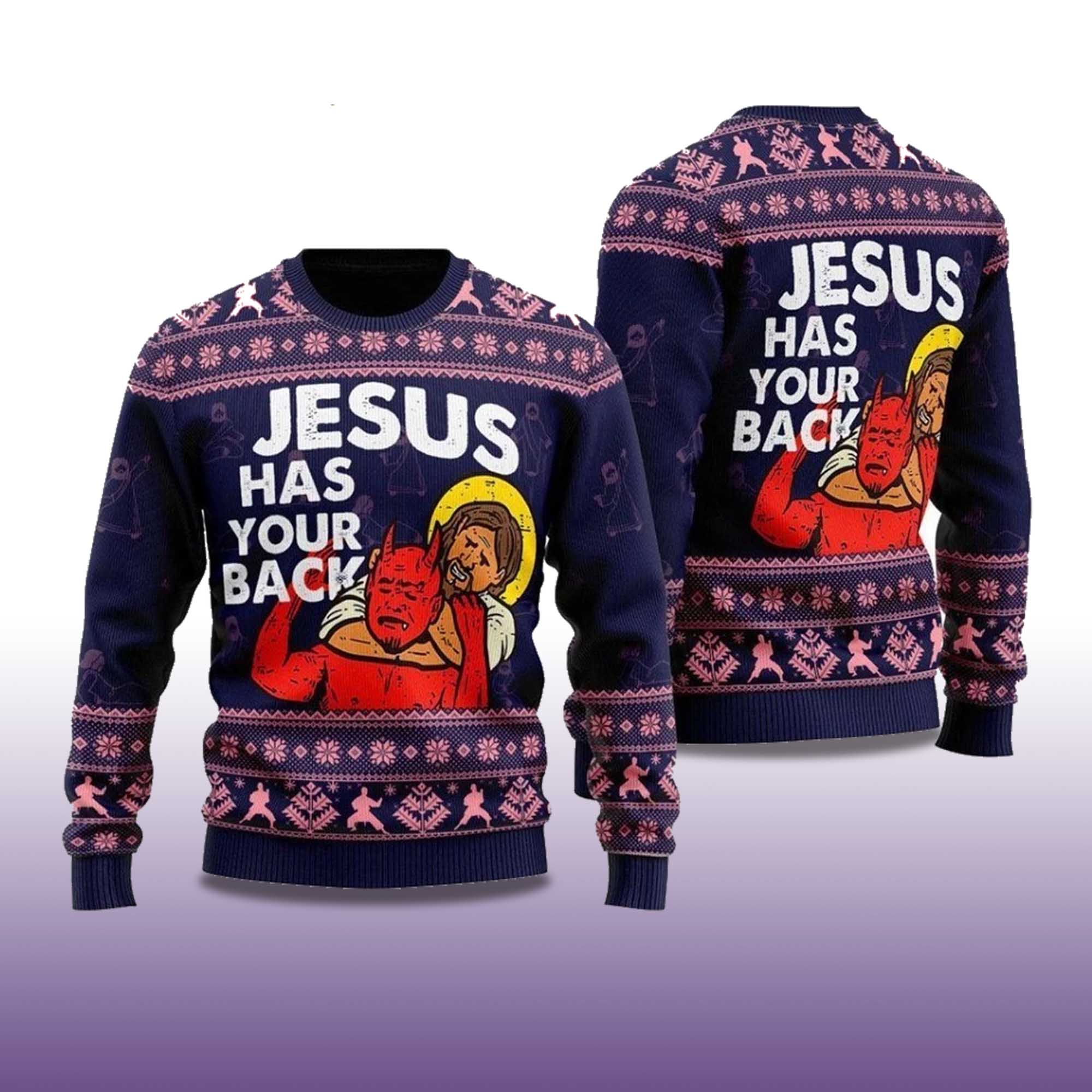 Alternative view of 2025 Jesus Has Your Back Ugly Christmas Sweater