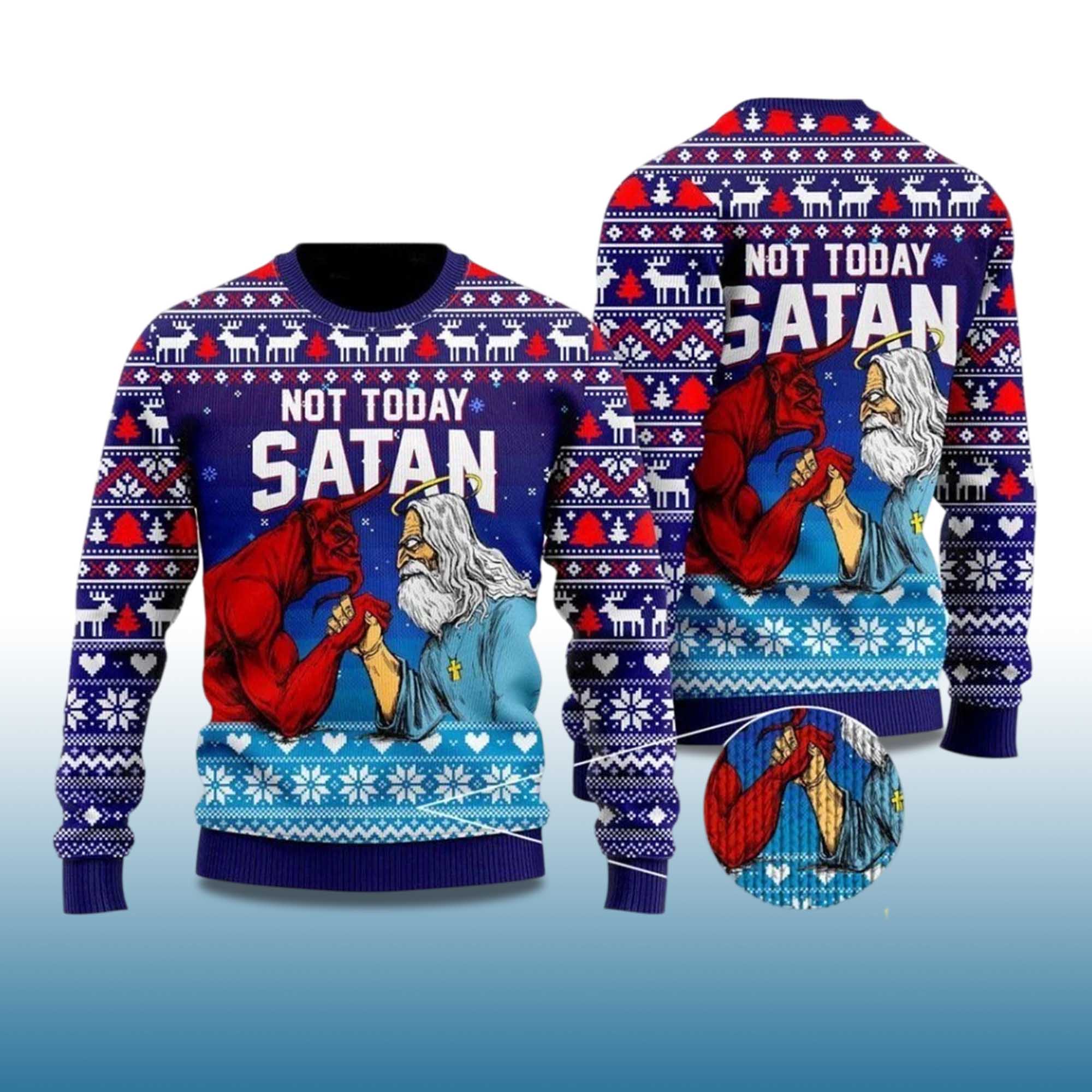 Alternative view of 2025 Jesus Not Today Satan Ugly Christmas Sweater