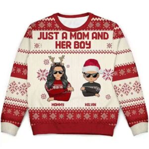 2025 Just A Mom And Her Boy Personalized Ugly Christmas Sweater