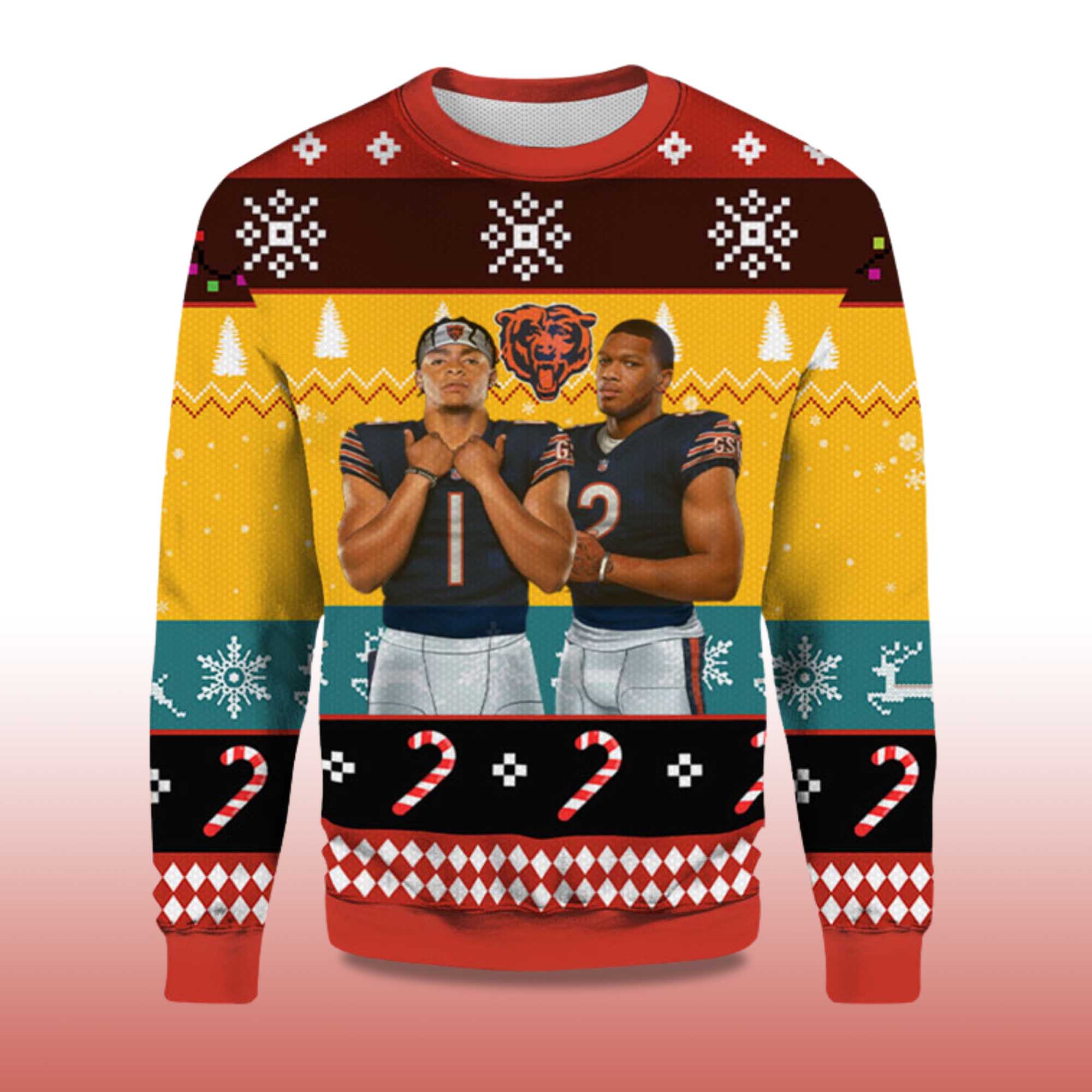 Alternative view of 2025 Justin Fields and Dj Moore Chicago Bears Ugly Sweater