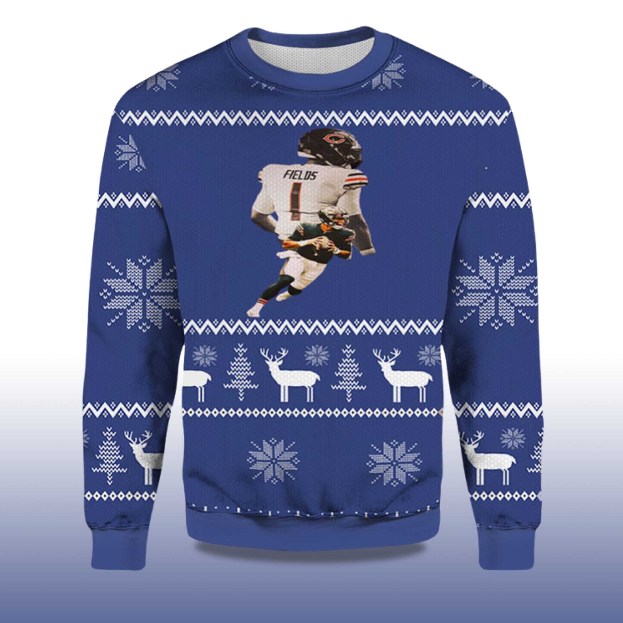 Alternative view of 2025 Justin Fields Chicago Bear Down Ugly Christmas Sweater