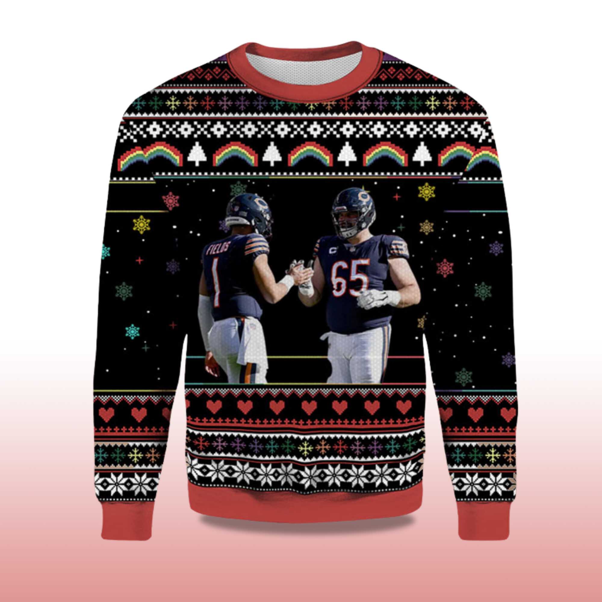 Alternative view of 2025 Justin Fields Cody Whitehair Chicago Bears Ugly Sweater