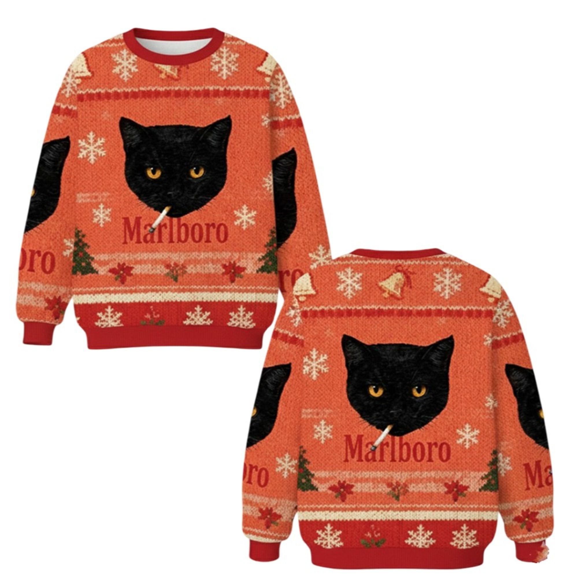 Alternative view of 2025 Marlboro Black Cat Smoking Christmas Ugly Sweater - Grishko.com
