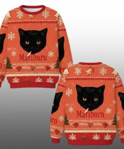 2025 Marlboro Black Cat Smoking Christmas Ugly Sweater 