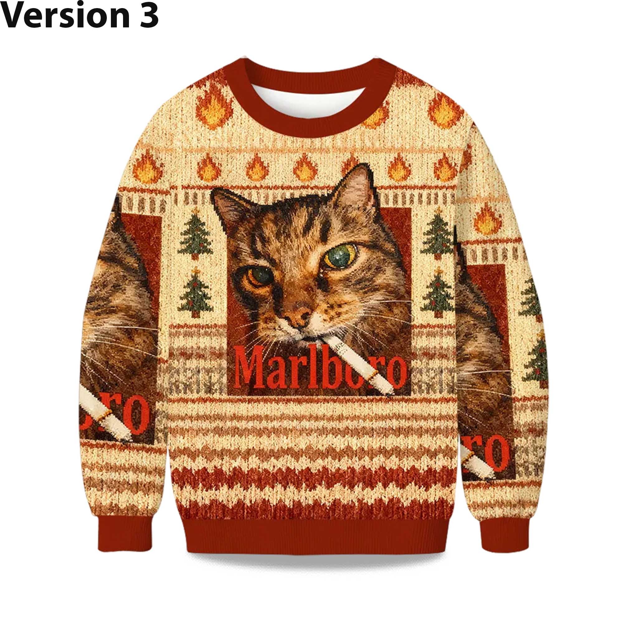 2025 Marlboro Smoking Cat Meme Christmas Ugly Sweater - Image 3