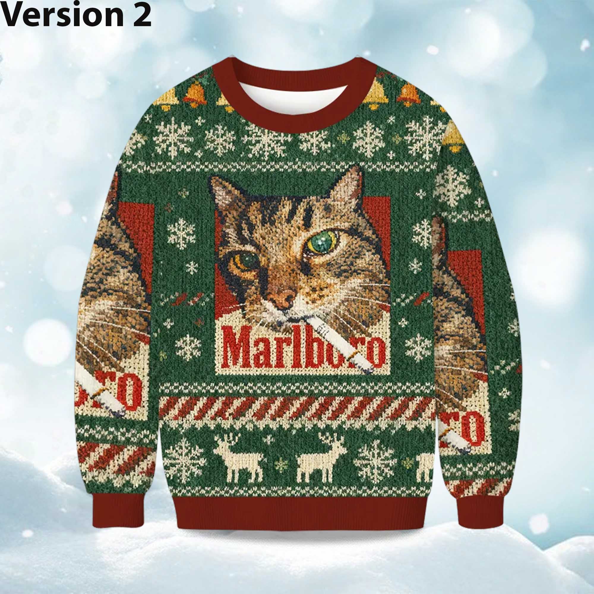 Alternative view of 2025 Marlboro Smoking Cat Meme Christmas Ugly Sweater