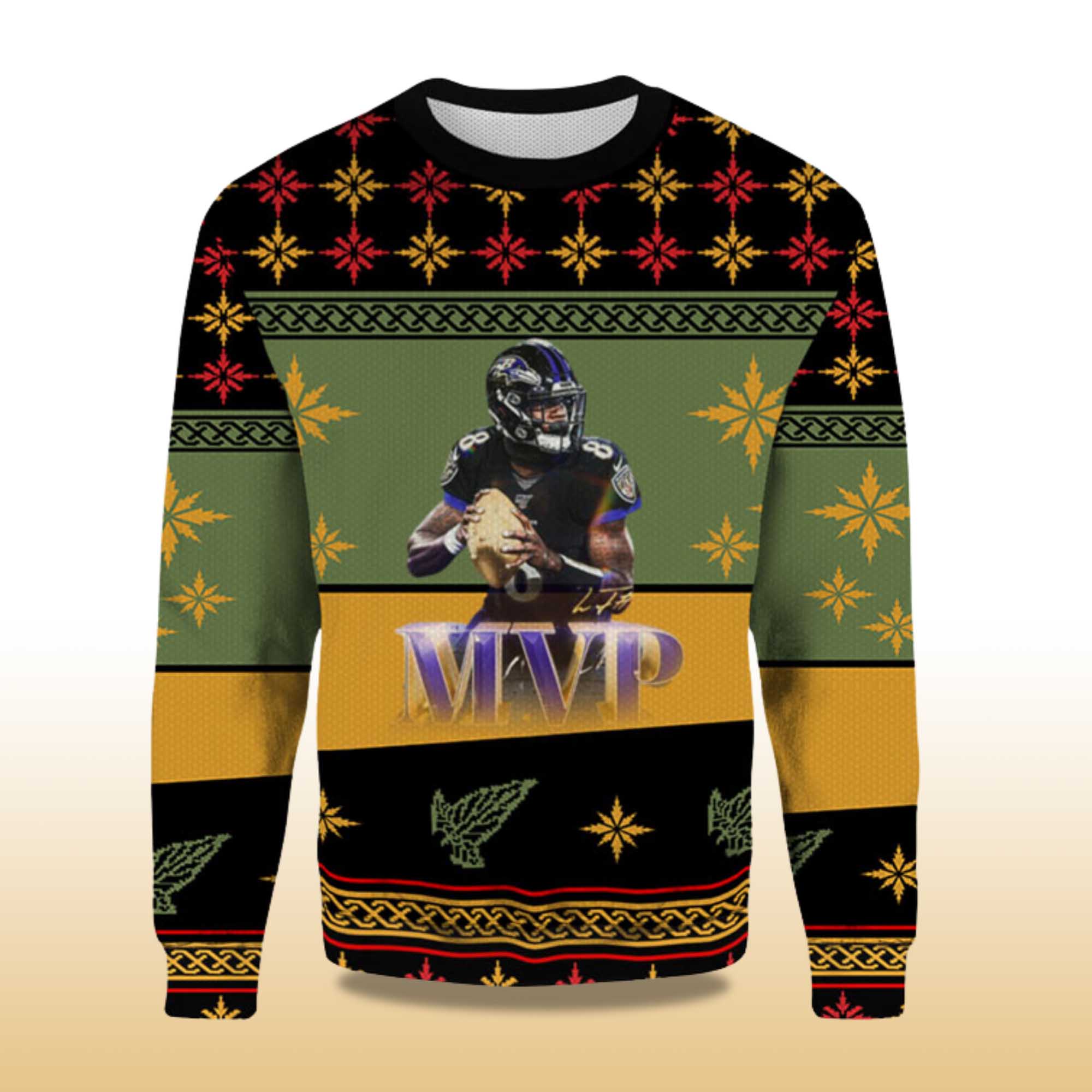 Alternative view of 2025 MVP Lamar Jacksonâ€™s Ugly Christmas Sweater