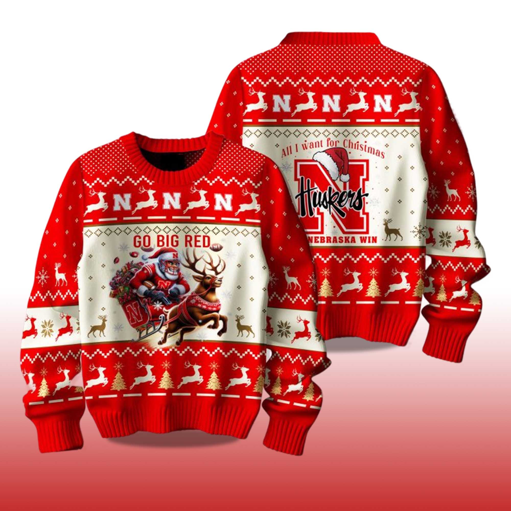 Alternative view of 2025 Nebraska Cornhuskers Go Big Red Ugly Christmas Sweater