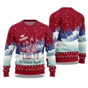 2025 Oh Flock It's Winter Again Flamingo Ugly Christmas Sweater