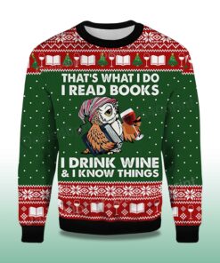 Alternative view of 2025 Owl That's What I Do I Read Books I Drink Wine and I Know Things Ugly Christmas Sweater