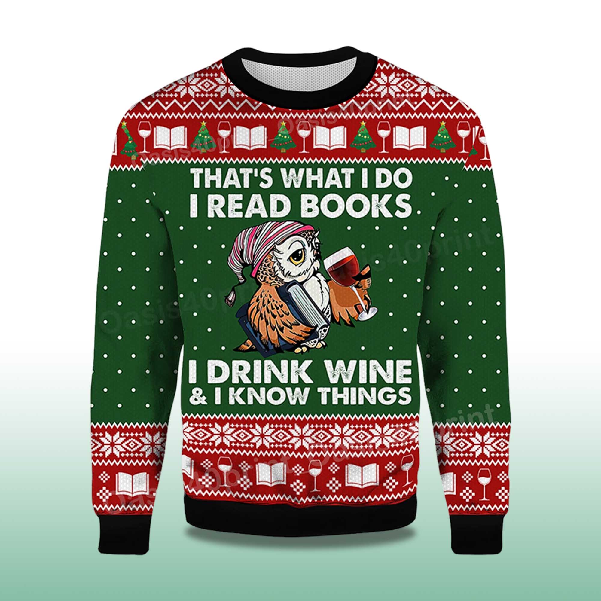 Alternative view of 2025 Owl That's What I Do I Read Books I Drink Wine and I Know Things Ugly Christmas Sweater