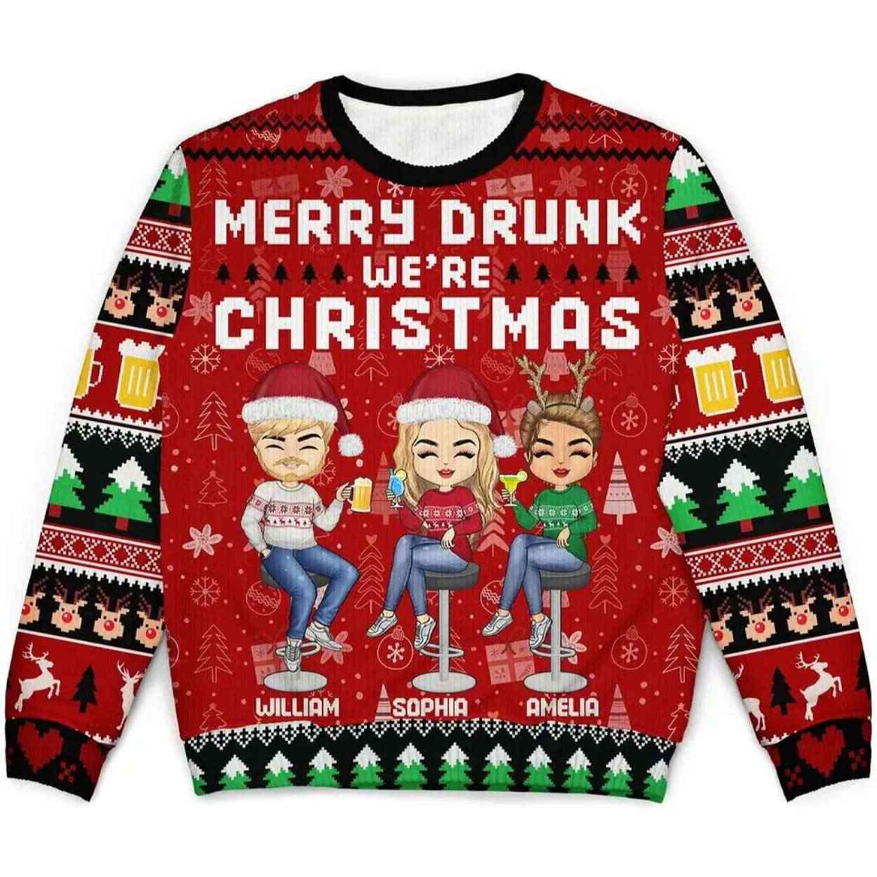 2025 Personalized Merry Drunk We're Christmas Ugly Christmas Sweater