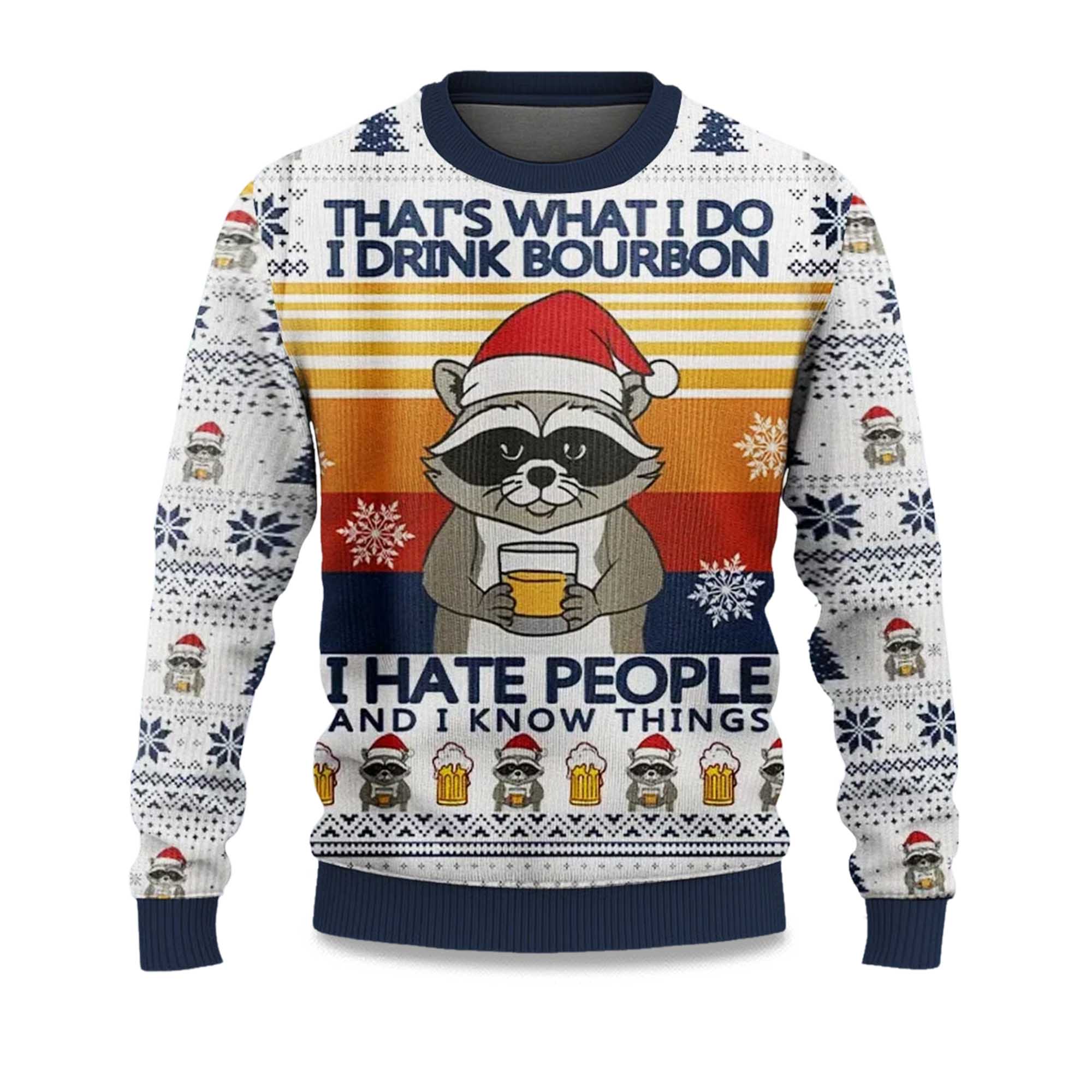 2025 Raccoon That's What I Do I Drink Bourbon Ugly Christmas Sweater