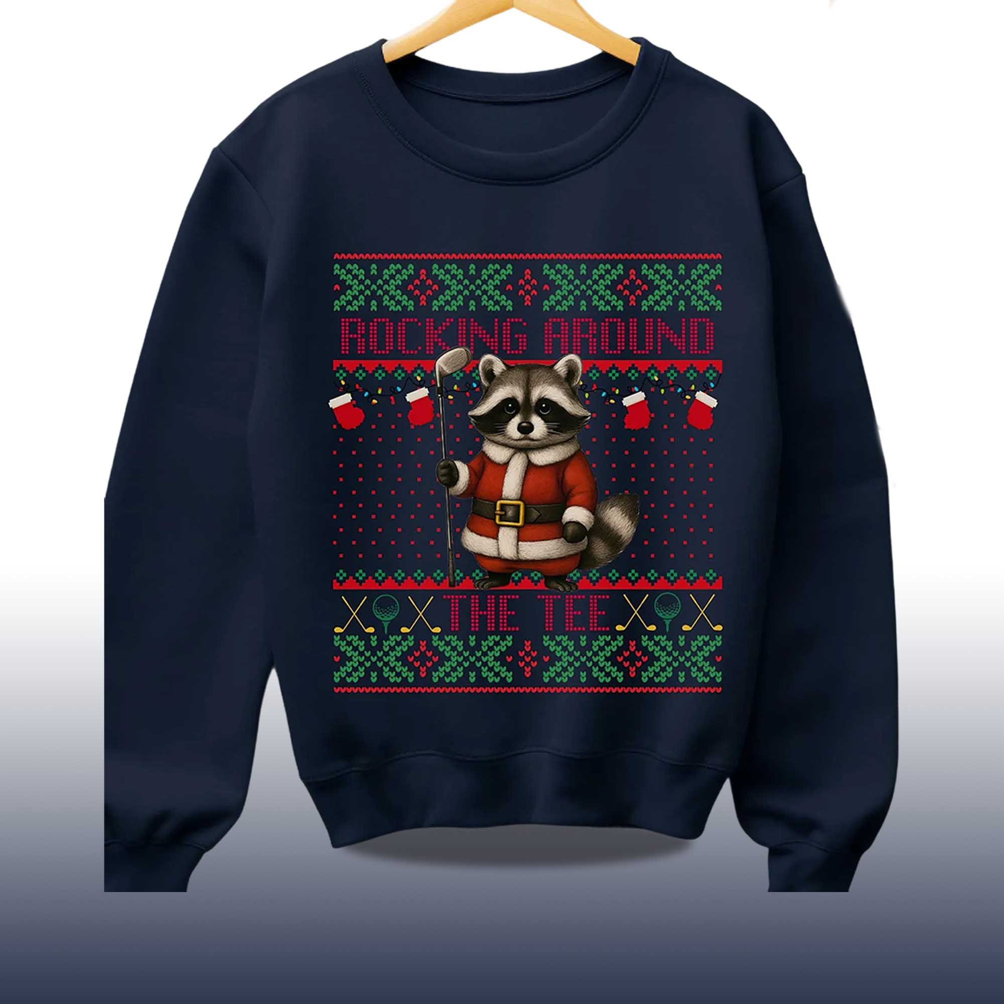 Alternative view of 2025 Rocking Around The Tee Hockey Racoon Ugly Christmas Sweater