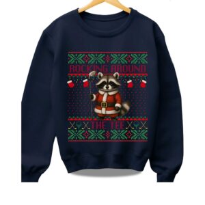2025 Rocking Around The Tee Hockey Racoon Ugly Christmas Sweater
