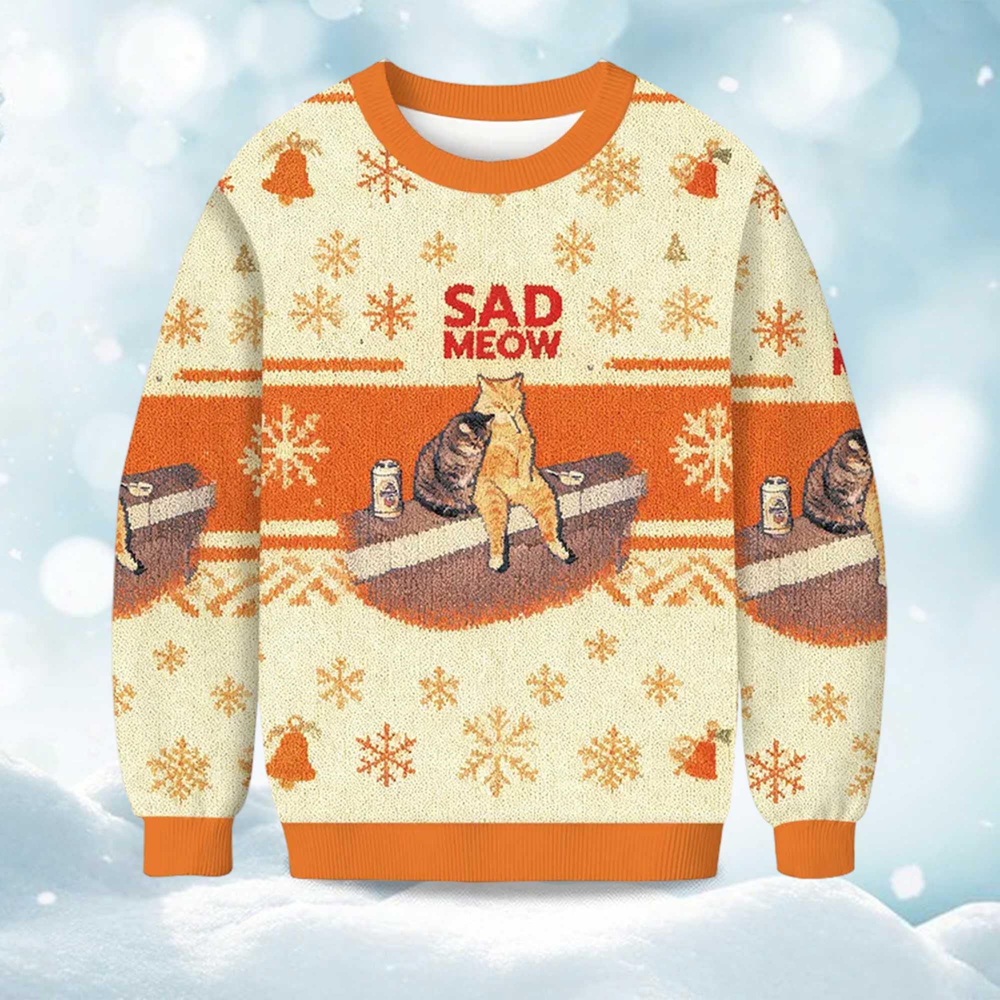 2025 Sad Meow Smoking Cat Christmas Ugly Sweater